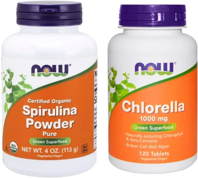 Набор Now Foods Organic Spirulina порошок 113 г + Now Foods Chlorella 1000 мг 120 таблеток (733739026903+733739026323)