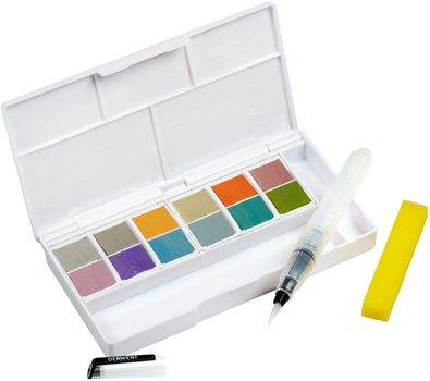 Zestaw farb akwarelowych Derwent Metallic Paint z pędzelkiem i zbiornikiem 12 kolorów (5028252599924)