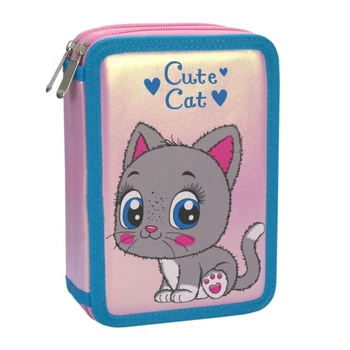Пенал школьный для девочки CFS Cute Cat "Котенок" 20.5х14х4.5 см 2 отделения каркасный на молнии розовый с синим (CF87273)