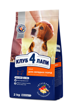 Cухой корм CLUB 4 PAWS PREMIUM Клуб 4 лапы для взрослых собак средней породы, 2 кг
