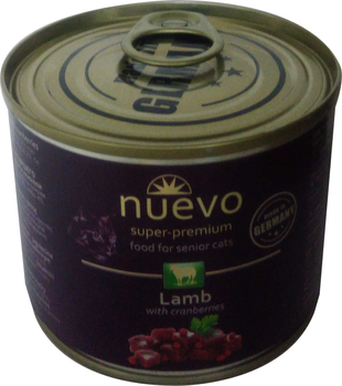 Упаковка консерв для дорослих кішок Nuevo SENIOR з ягням і журавлиною 6 шт по 200 г (4250231595721)