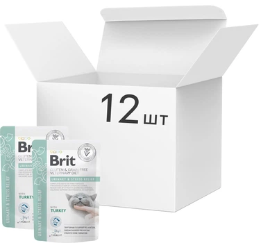 Упаковка Влажный беззерновой корм Brit Veterinary Diet Urinary and Stress Relief для кошек для мочевыделительной системы и успокоения, индейка, 12 шт. х 85 г (2700000048191)