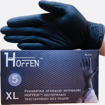 Міцні рукавички чорні нітрилові і 5 грам HOFFEN нестерильні текстуровані без пудри,розмір XL