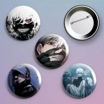Закатные значки аниме Токийский Гуль Tokyo Ghoul металлические на булавке 56 мм 4 штуки в комплекте
