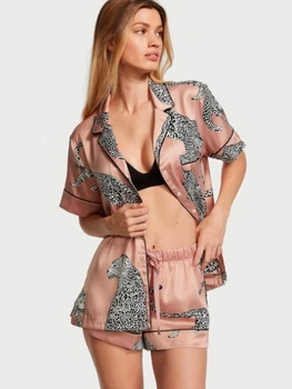 Піжама Victoria's Secret сатинова S леопардова Бежева шорти+сорочка Satin Short Pajama Set