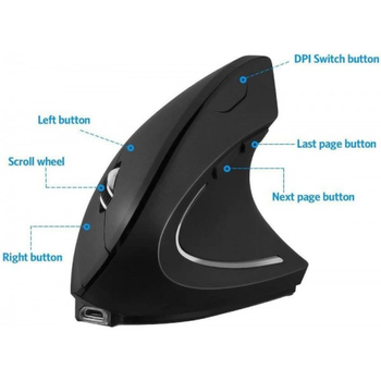 Вертикальная мышь для правшей Ergonomic Mouse, беспроводная, соединение через фишку 2,4GHz, аккумуляторная, черная