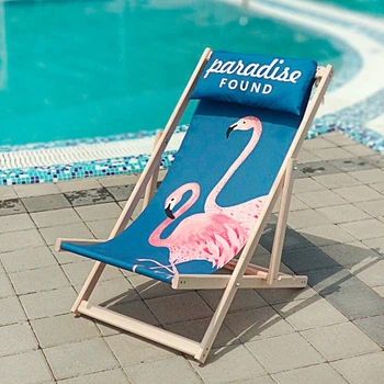 Шезлонг раскладной деревянный с подушкой и принтом Фламинго Paradise found - садовый лежак для кафе, террасы, балкона или дачи
