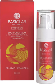 Emulsyjne serum do twarzy BasicLab Esteticus Odnowa i stymulacja z 0.3% czystego retinolu, 3% witaminą C i koenzymem Q10 30 ml (5907637951819)
