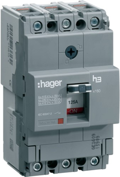 Автоматичний вимикач Hager силовий 3-п. 125A 18kA Тфікс./Мфікс. x160 (HDA125L)