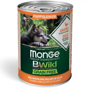 Консервований корм для цуценят (шматочки у соусі) Monge (Монж) BWild Grain Free Wet Duck Puppy&Junior із качки з гарбузом та кабачками, 400 г