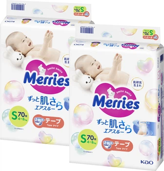 Упаковка підгузків Merries для дітей S 4-8 кг 70 шт х 2 пачки (4901301418982_1)
