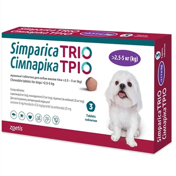 Жувальні таблетки від бліх, кліщів, глистів Simparica Trio для собак 2.5-5кг, 1 таблетка