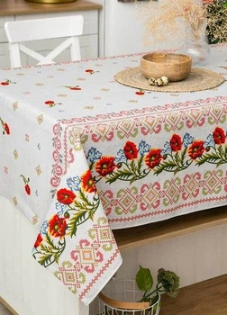 Скатерть для кухни на стол тканевая из льна в украинском стиле вышиванки 150х220 см (Е05012В-3)