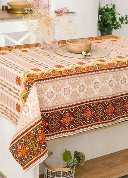 Скатерть для кухни на стол тканевая из льна в украинском стиле вышиванки 150х180 см (Е05014В-3)