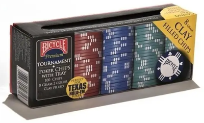 Zestaw żetonów do pokera Bicycle 8 Gram Clay 100 sztuk z tacą kasynową (73854010716)