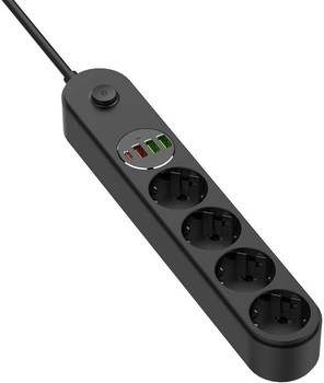 Сетевой фильтр-удлинитель ColorWay 4 розетки/4USB (Type-C PD20W + 3USB QC3.0) (45 Вт) 2 м Black (CW-CHE44PDB)
