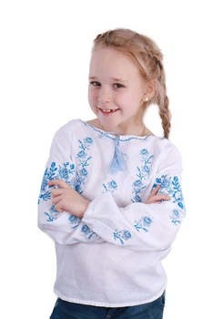 Вышиванка для девочки Narodnyy Butik Роза Рушник голубая Белая домотканка 4009 146