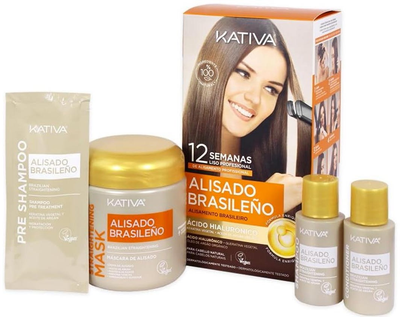 Zestaw do prostowania włosów Kativa Brazilian Hyaluronic Smoothing Szampon wstępny 15 ml + Maska 150 ml + Szampon 30 ml + Odżywka 30 ml + Szczotka + Rękawiczki + Szampon Q10 100 ml (8436581013818)