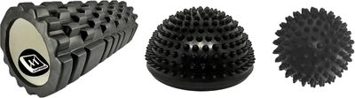 Набор Массажный ролик-валик EasyFit EF-2020-BK 33х14 см Черный (56000989) + Полусфера балансировочная массажная для ног, стоп EasyFit 16 см Черная EF-3001-BK (56002995) + Массажный мячик-мяч EasyFit 9 см жесткий Черный PVC EF-1064-BK (56002495)