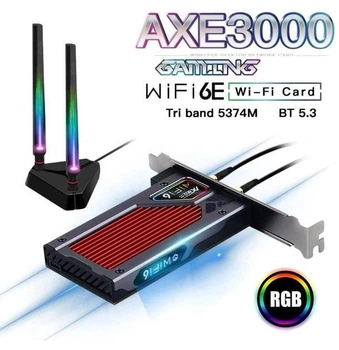 Мережева карта PCI-E Fenvi FV-AXE3000RGB Gaming (Intel AX210), адаптер 2.4G/5G/6Ghz 5374 Mbps з виносною антеною + Bluetooth 5.3, 2 зовнішні антени, RGB підсвітка, з радіатором