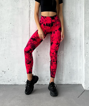 Спортивные женские леггинсы Marble Tie-Dye для фитнеса и йоги с эффектом Push Up Мраморные Бесшовные L Малинові Неон (4852L)