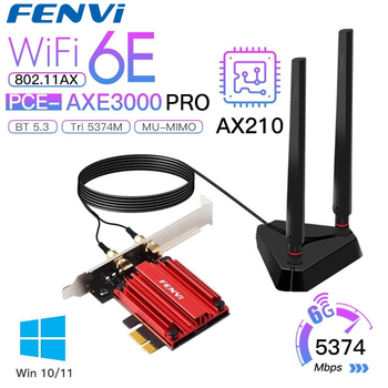 Сетевая карта PCI-E Fenvi PCE-AXE3000Pro (Intel AX210) адаптер 2.4G/5G/6Ghz 5374 Mbps с выносной антенной + Bluetooth 5.3, 2 внешние антенны, с радиатором