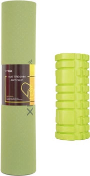 Набор Коврик спортивный Cornix TPE 183 x 61 x 0.6 см для йоги и фитнеса XR-0008 Green/Grey + Массажный ролик Cornix EVA 33 x 14 см XR-0034 Green