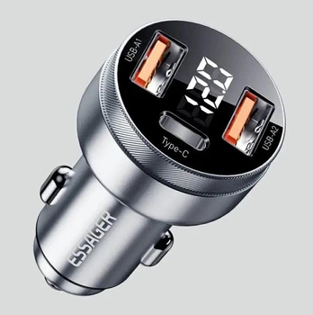 Автомобільний зарядний пристрій Essager 80W Type-C + 2 USB-A з дисплеєм, заряд від прикурювача, сірий (84145761)