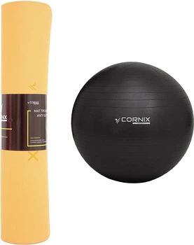 Набор Коврик спортивный Cornix TPE 183 x 61 x 0.6 см для йоги и фитнеса XR-0001 Orange/Black + Мяч для фитнеса (фитбол) Cornix 75 см Anti-Burst XR-0026 Black