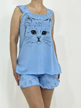 Жіночий домашній комплект Cat (майка + шорти) 60-62 Блакитний 72712150-5