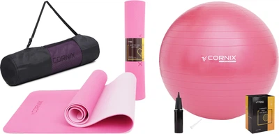 Набор Коврик спортивный Cornix TPE 183 x 61 x 0.6 см для йоги и фитнеса XR-0005 Pink/Rose + Мяч для фитнеса (фитбол) Cornix 85 см Anti-Burst XR-0251 Розовый