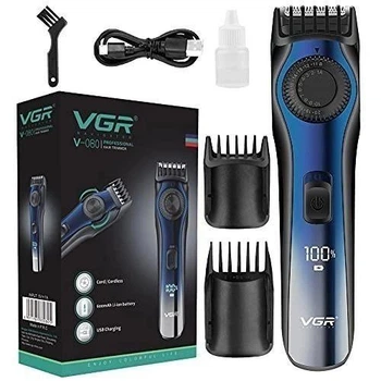 Тример для бороди та вусів VGR V-080 акумуляторний з дисплеєм, машинка для стрижки бороди, насадки 1–20 мм, леза з нержавіючої сталі, до 120 хв роботи, USB зарядка