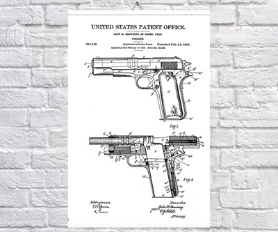 Постер BEGEMOT Патент-креслення Пістолет Кольт 1911р 40x61 см Білий (1120241)
