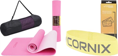 Набір Килимок спортивний Cornix TPE 183 x 61 x 0.6 см для йоги та фітнесу XR-0005 Pink/Rose + Резинка для фітнесу та спорту з тканини Cornix Loop Band XR-0136 2-5 кг Жовта
