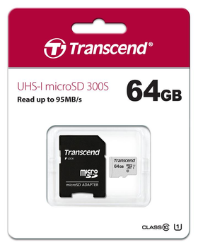 Карта памяти microSD 64Gb Transcend UHS-I 300S (TS64GUSD300S-A) + SD адаптер