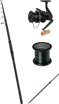 Набір Вудлище коропове Brain Apex Tele Carp Black 3 м + Котушка коропова Okuma Custom Black CB-80 + Волосінь Prologic Mimicry Green Helo 1000 м + Стійка для вудлища телескопічна Brain 90-130 см (18585494+13530982+18461277+18582134)