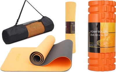 Набор спортивный коврик Cornix TPE 183 x 61 x 0.6 см для йоги и фитнеса XR-0001 Orange/Black + Массажный ролик Cornix EVA 33 x 14 см XR-0033 Orange