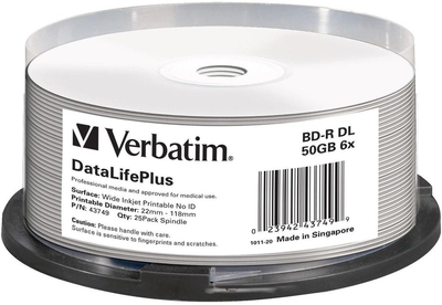 Диски Verbatim BD-R DL 50GB 6x Wide Printable Brand spindle 25 шт (0023942437499)