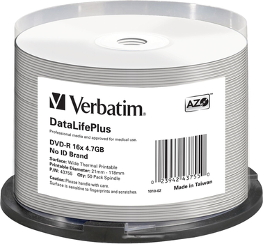 Диски Verbatim DVD-R 4.7GB 16x AZO DL+ printable thermal biale Cake 50 шт (0023942437550)