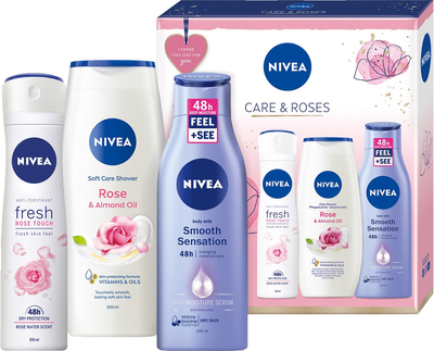 Набір косметики для догляду Nivea Care & Roses Антиперспірант-спрей 150 мл + Гель для душу 250 мл + Молочко для тіла 250 мл (9005800363608)