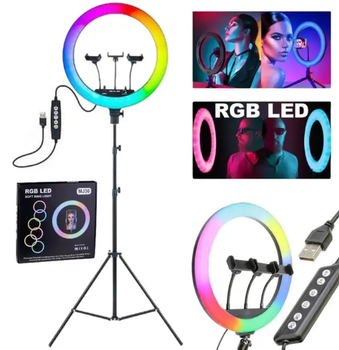 Кільцева світлодіодна кольорова лампа RGB LED MJ36 Набір блогера селфі кільце зі штативом Мультиколор 36 см