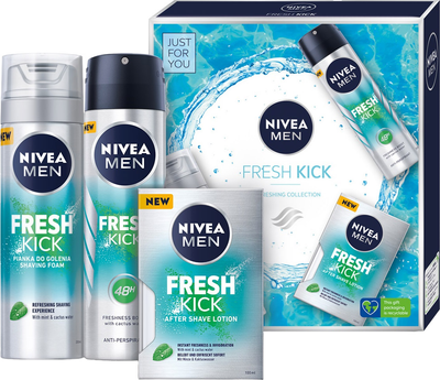 Zestaw dla mężczyzn Nivea Men Fresh Kick Pianka do golenia 200 ml + Antyperspirant w sprayu 150 ml + Woda po goleniu 100 ml (9005800363783)