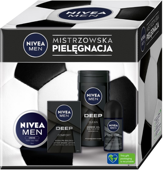 Zestaw dla mężczyzn Nivea Men Football Box Żel pod prysznic 250 ml + Woda po goleniu 100 ml + Krem do ciała, twarzy i rąk 75 ml + Antyperspirant w kulce 50 ml (9005800362786)