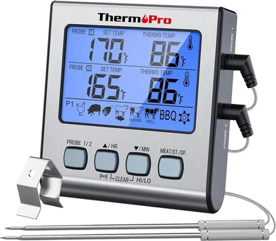 Термометр пищевой ThermoPro TP-17 цифровой, для мяса с таймером ЖК-Дисплей 2 щупа Silver