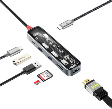 USB-C хаб 7-в-1 Promate TransHub-Lite USB-C PD/HDMI/USB-C/USB 3.0/USB 2.0/SD/MicroSD Grey