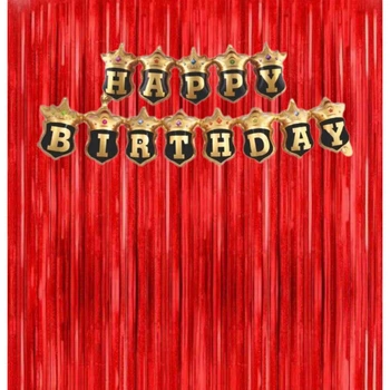 Фотозона на день рождения с фольгированной гирляндой Happy Birthday и красной шторкой