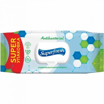 Влажные салфетки антибактериальные Superfresh , с клапаном 120 шт.