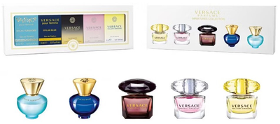 Zestaw miniatur damskich Versace Woda toaletowa Crystal Noir 5 ml + Dylan Turquoise 5 ml + Yellow Diamond 5 ml + Bright Crystal 5 ml + Perfumy Pour Femme Dylan Blue 5 ml (8011003869398)