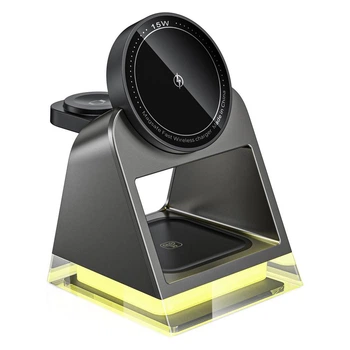 Зарядка беспроводная Qi 4in1 Magnetic Wireless Charger W83 с LED подсветкой |15W, Phone/AirPods/iWatch| Черный