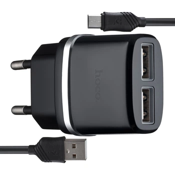 СЗУ Hoco C12 Smart dual USB charger set with Micro cable(EU) 2USB 2.4A Black